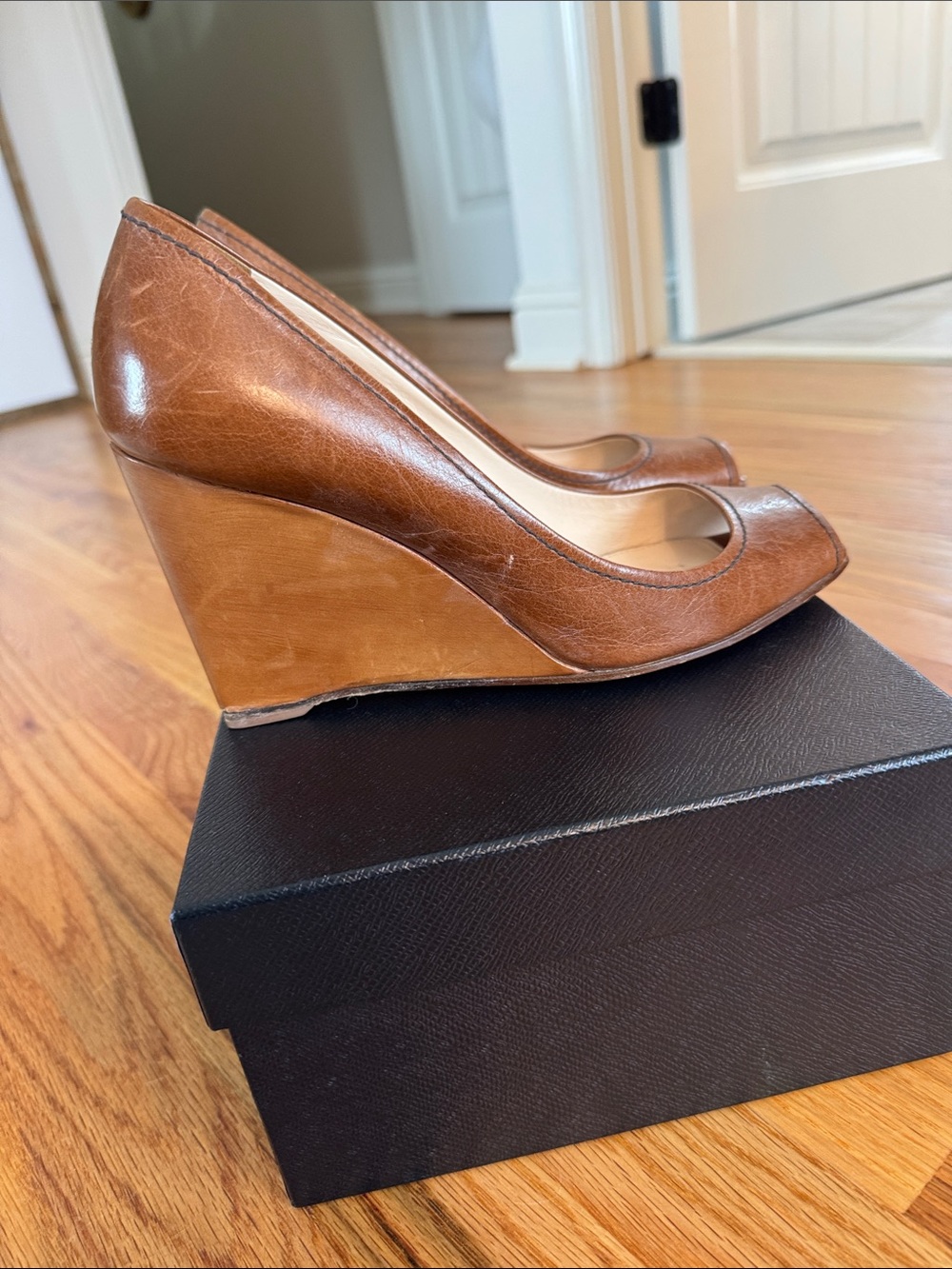 Prada Tan Leather Peep-Toe Heels - Picture 5 of 7